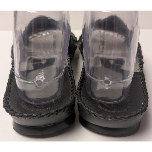 Clarks Artisan Black Leather Sandals WOMENS 7.5M Silver Stitch Slip Ons Comfy - Picture 4 of 8